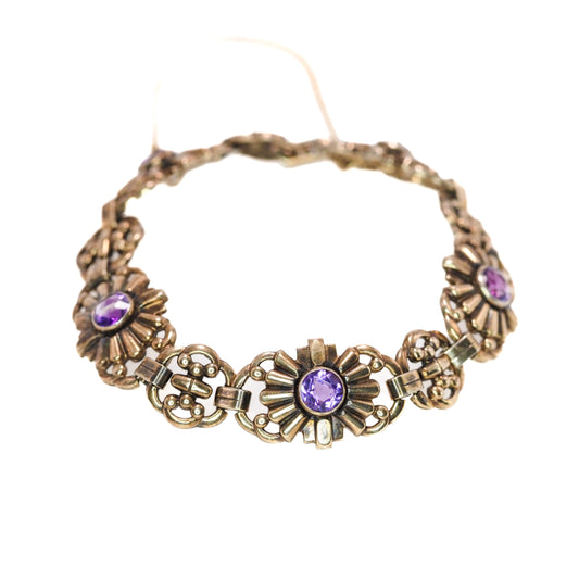 Vintage 1940s Retro Art Deco Purple Glass and Rose Gold Fill Flower Link 7" Bracelet image 0