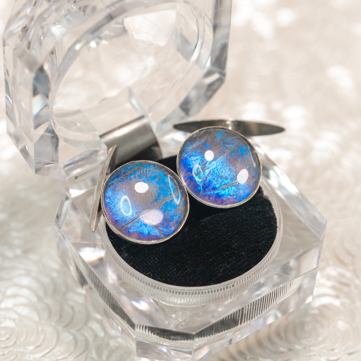 Vintage 1990s PRATA Morpho Menelaus Blue Butterfly Wing and 900 Silver Cuff Links image 1