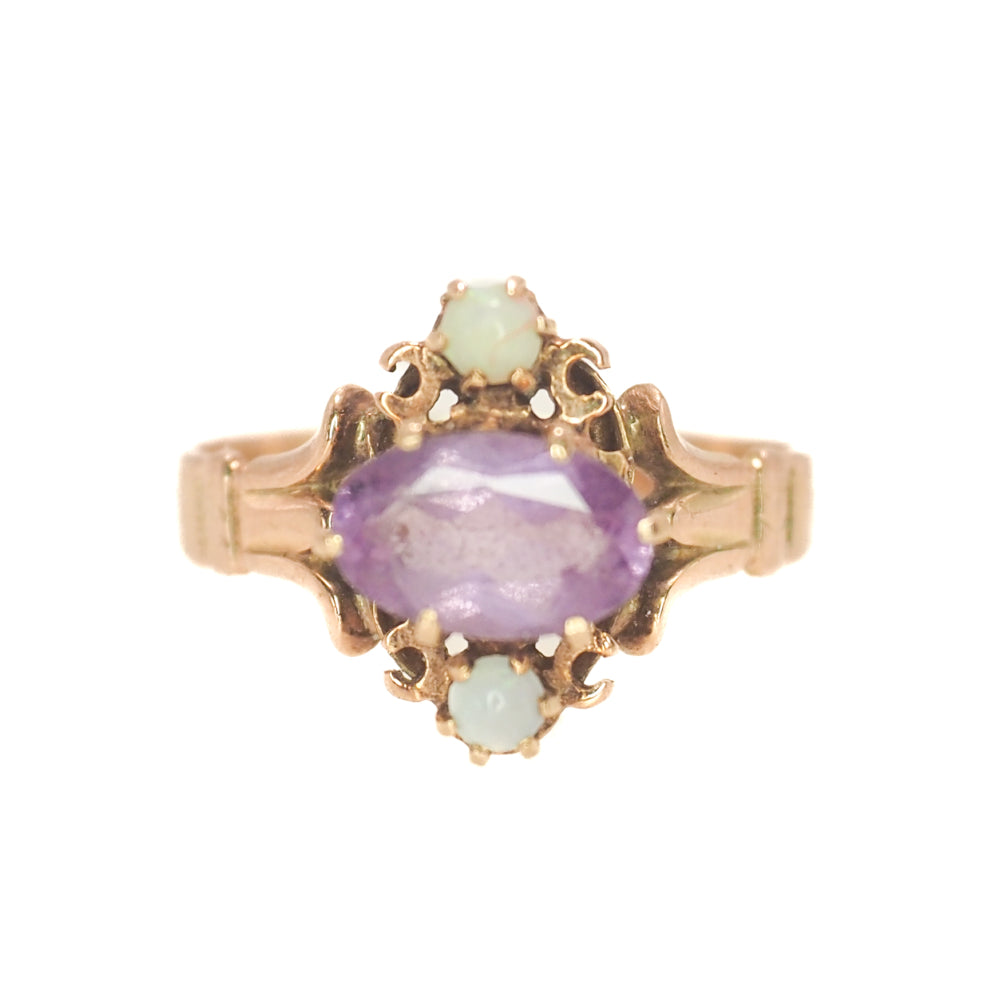 Antique 1900s Late Victorian Purple Amethyst, Opal, and 14K Yellow Gold Ring Size 5.75 image 0