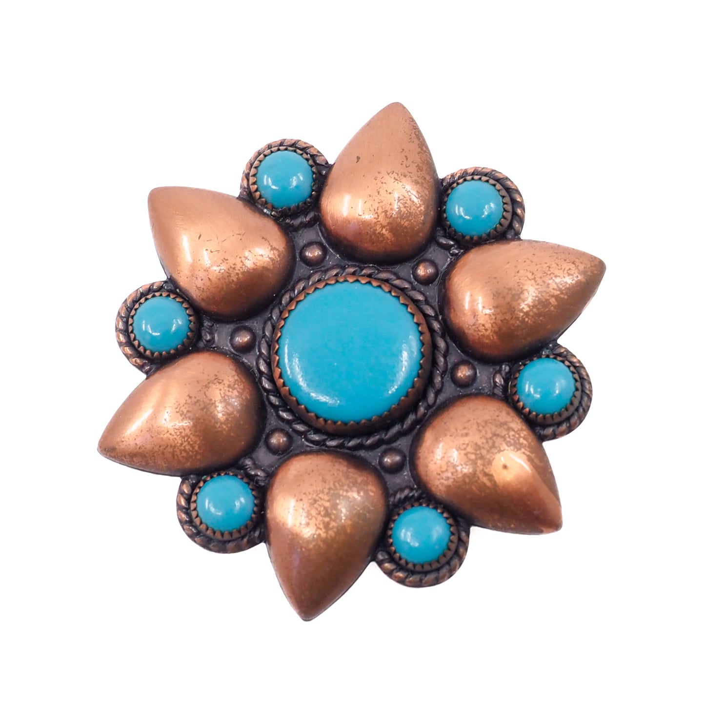 Vintage 1960s BELL TRADING CO. Copper and Blue Imitation Turquoise Flower Brooch