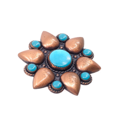 Vintage 1960s BELL TRADING CO. Copper and Blue Imitation Turquoise Flower Brooch