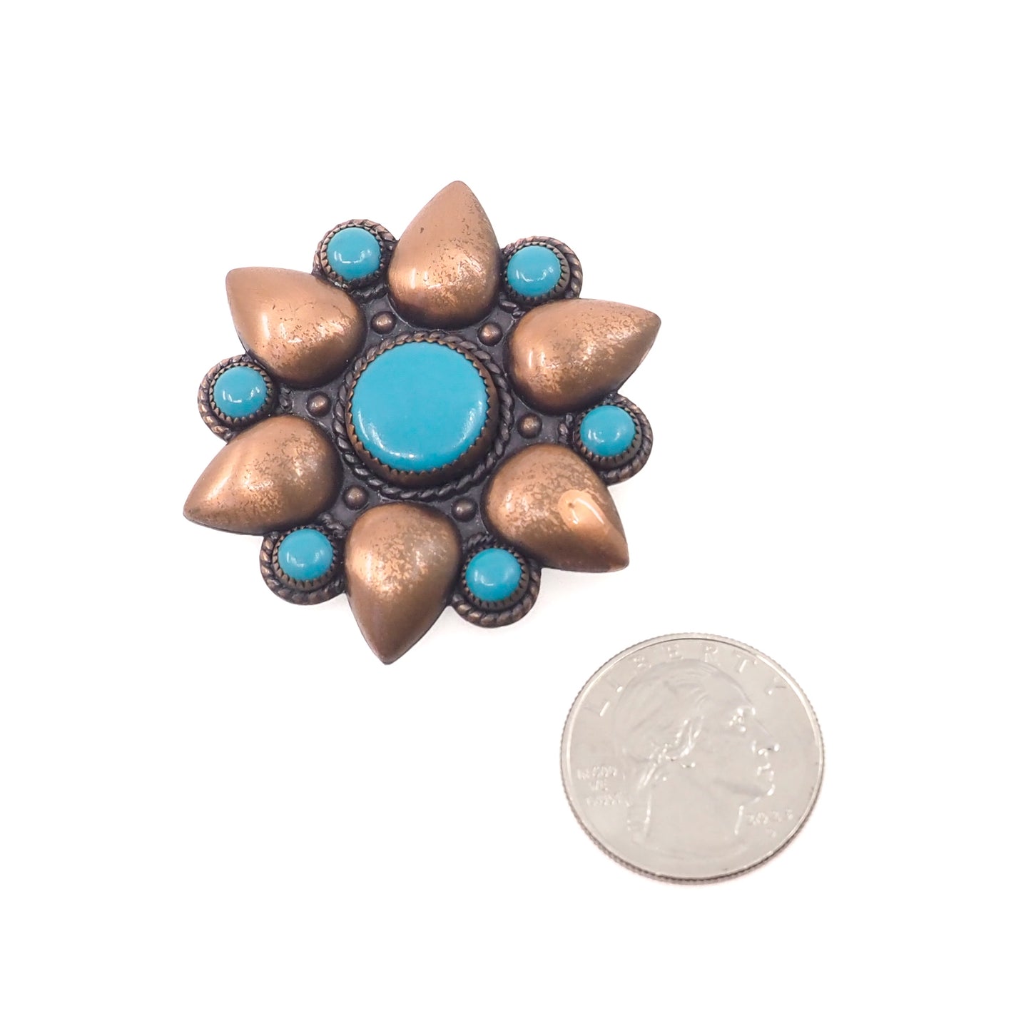 Vintage 1960s BELL TRADING CO. Copper and Blue Imitation Turquoise Flower Brooch