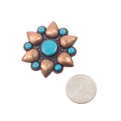 Vintage 1960s BELL TRADING CO. Copper and Blue Imitation Turquoise Flower Brooch