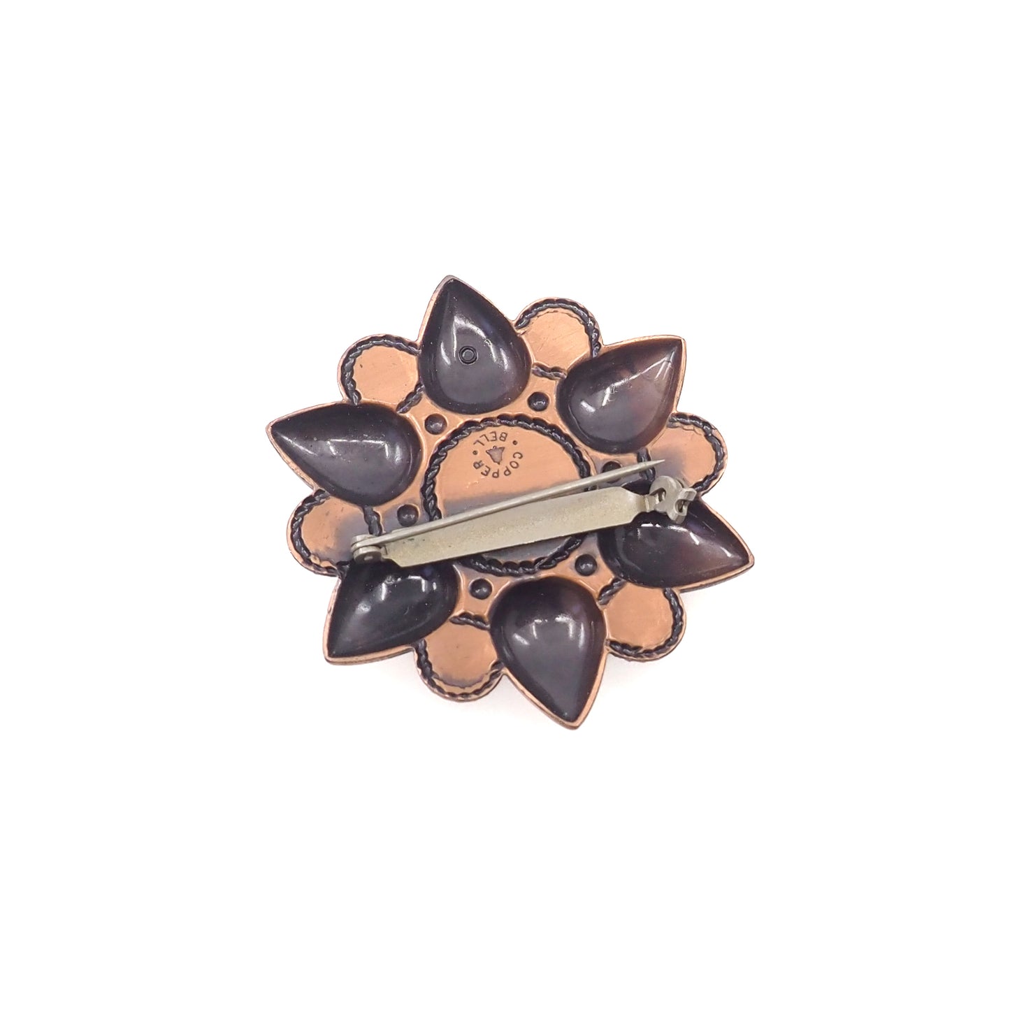 Vintage 1960s BELL TRADING CO. Copper and Blue Imitation Turquoise Flower Brooch