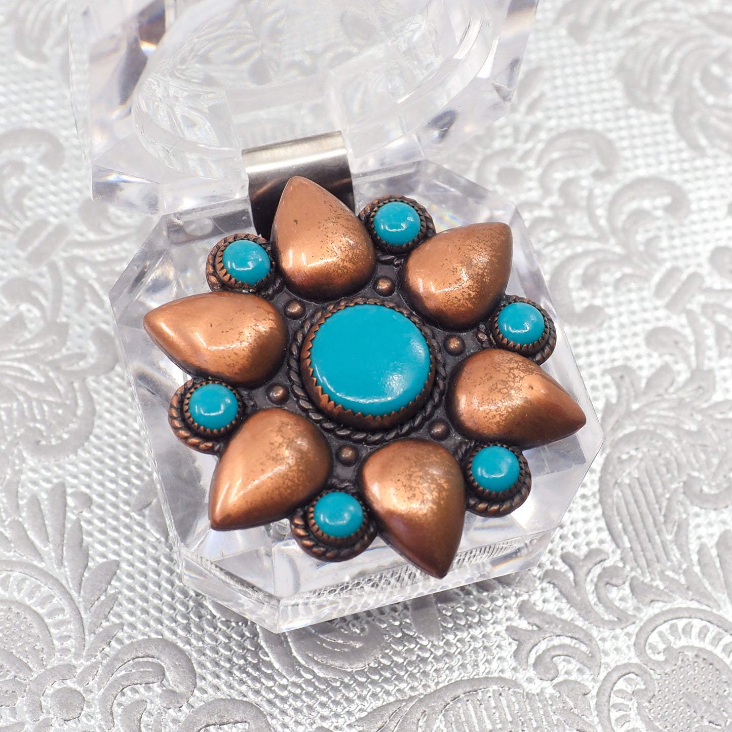 Vintage 1960s BELL TRADING CO. Copper and Blue Imitation Turquoise Flower Brooch