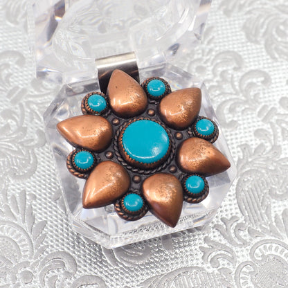 Vintage 1960s BELL TRADING CO. Copper and Blue Imitation Turquoise Flower Brooch