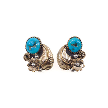 Vintage 1980er Navajo Ohrstecker in Blumenform mit blauem Türkis und vergoldetem Sterlingsilber
