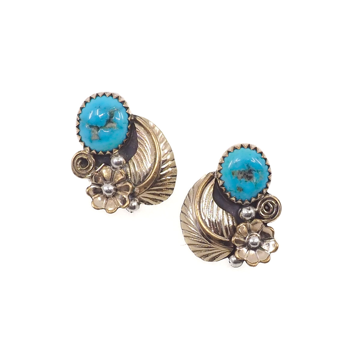 Vintage 1980er Navajo Ohrstecker in Blumenform mit blauem Türkis und vergoldetem Sterlingsilber