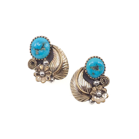 Vintage 1980s Navajo Blue Turquoise and Gold-Plated Sterling Flower Stud Earrings