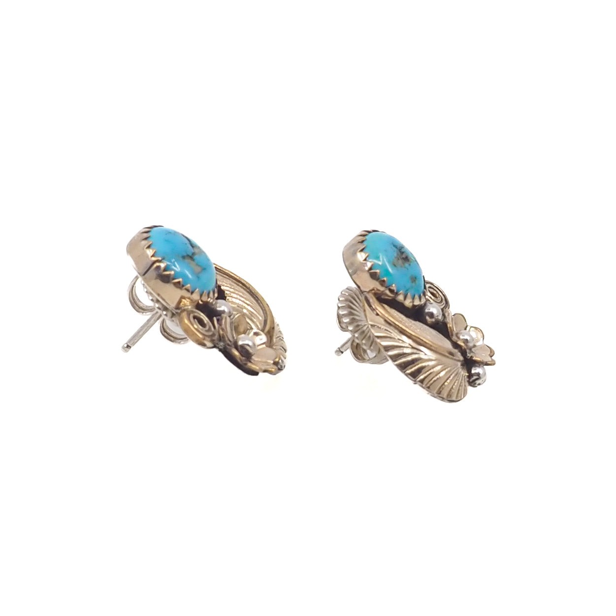 Vintage 1980er Navajo Ohrstecker in Blumenform mit blauem Türkis und vergoldetem Sterlingsilber