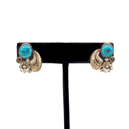 Vintage 1980er Navajo Ohrstecker in Blumenform mit blauem Türkis und vergoldetem Sterlingsilber