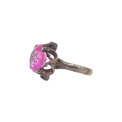 Vintage 1970s Pink Glass Flower Mexican Sterling Ring Size 8.5