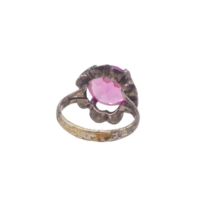 Vintage 1970s Pink Glass Flower Mexican Sterling Ring Size 8.5