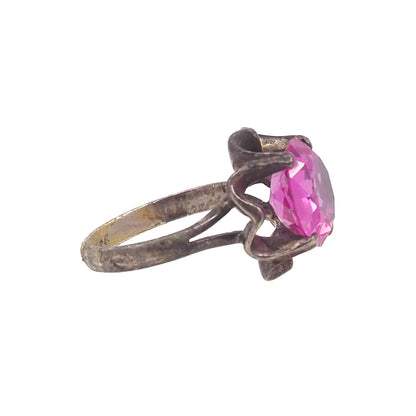 Vintage 1970s Pink Glass Flower Mexican Sterling Ring Size 8.5