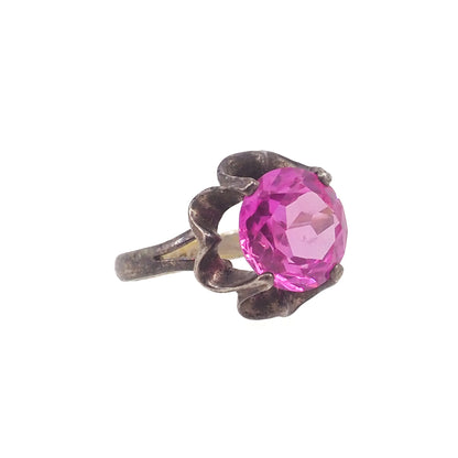 Vintage 1970s Pink Glass Flower Mexican Sterling Ring Size 8.5