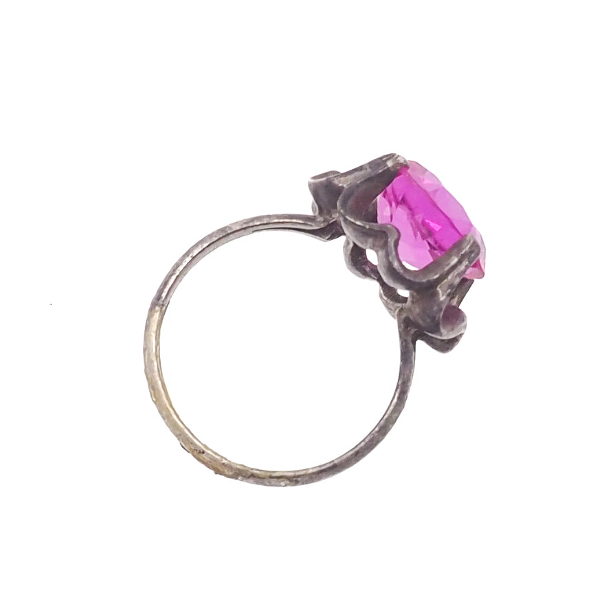Vintage 1970s Pink Glass Flower Mexican Sterling Ring Size 8.5