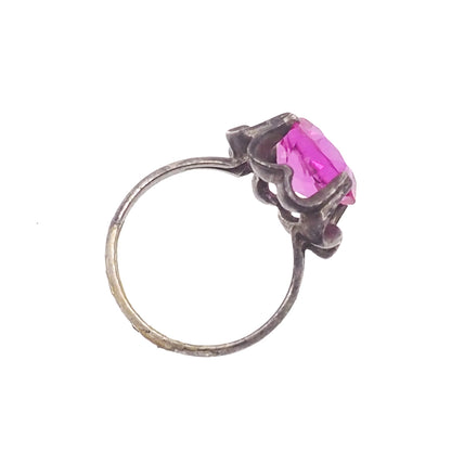 Vintage 1970s Pink Glass Flower Mexican Sterling Ring Size 8.5