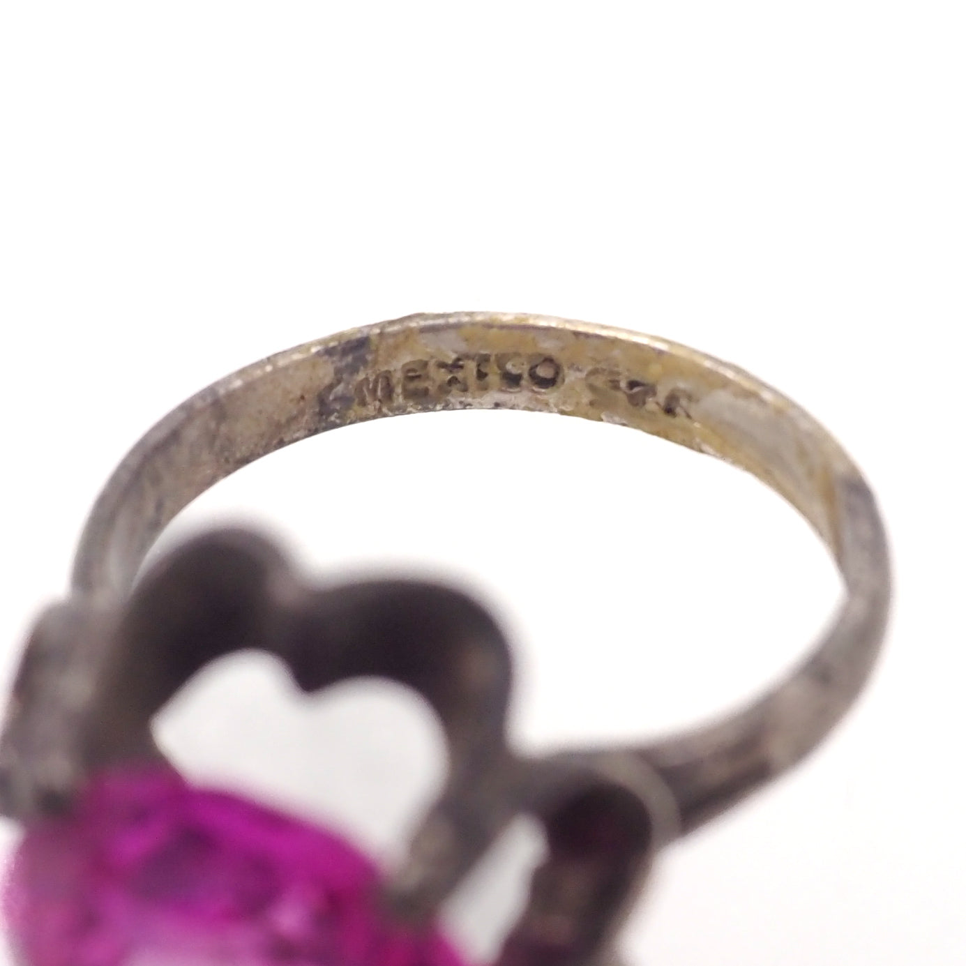 Vintage 1970s Pink Glass Flower Mexican Sterling Ring Size 8.5