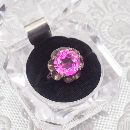 Vintage 1970s Pink Glass Flower Mexican Sterling Ring Size 8.5