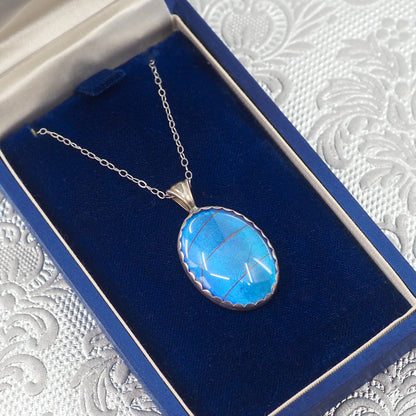 Vintage 1960s Morpho Blue Butterfly Wing and Sterling 18" Necklace