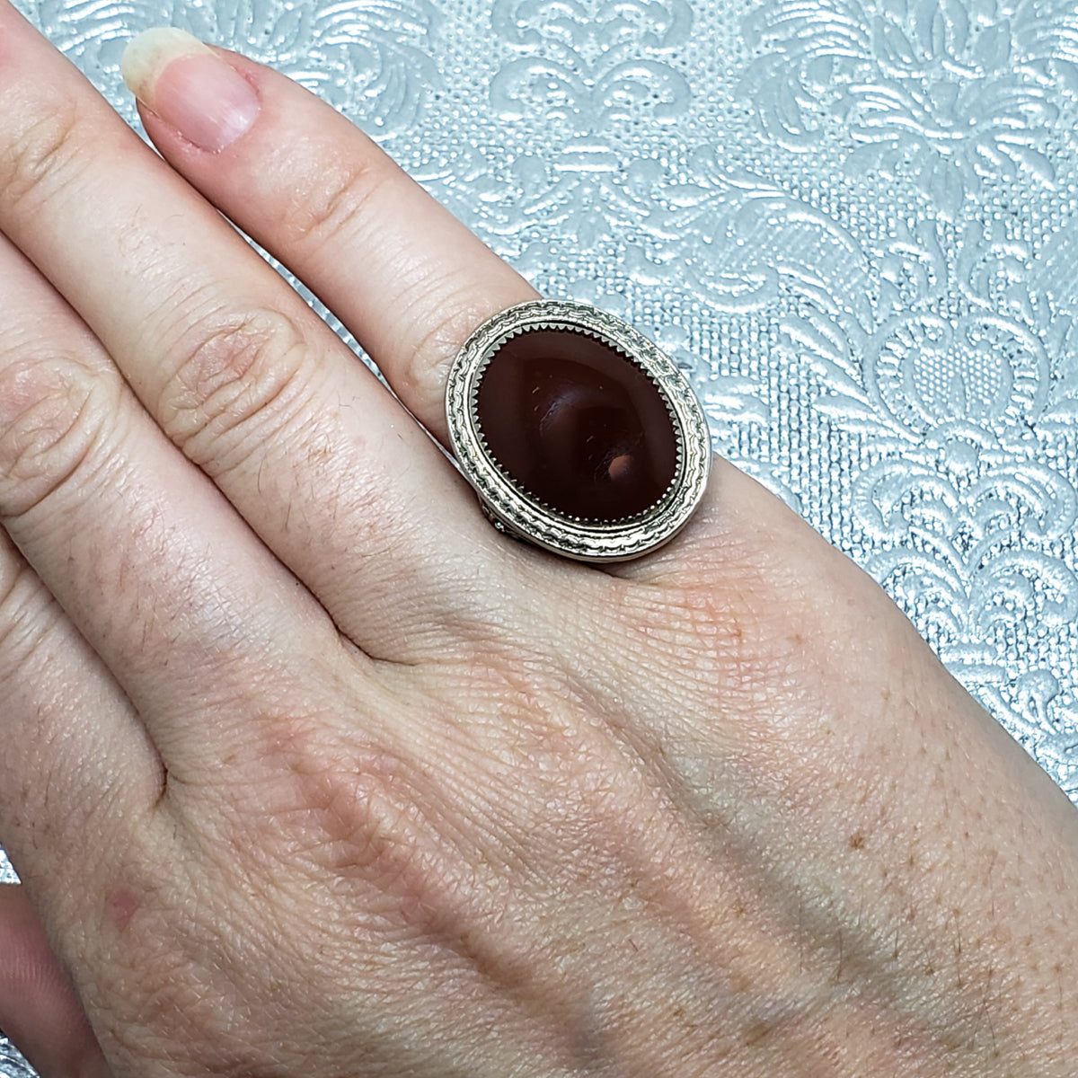 Antique 1920s NEMCO Art Deco Brownish Red Glass and Silver Plate Filigree Ring Size 4.75 image 7