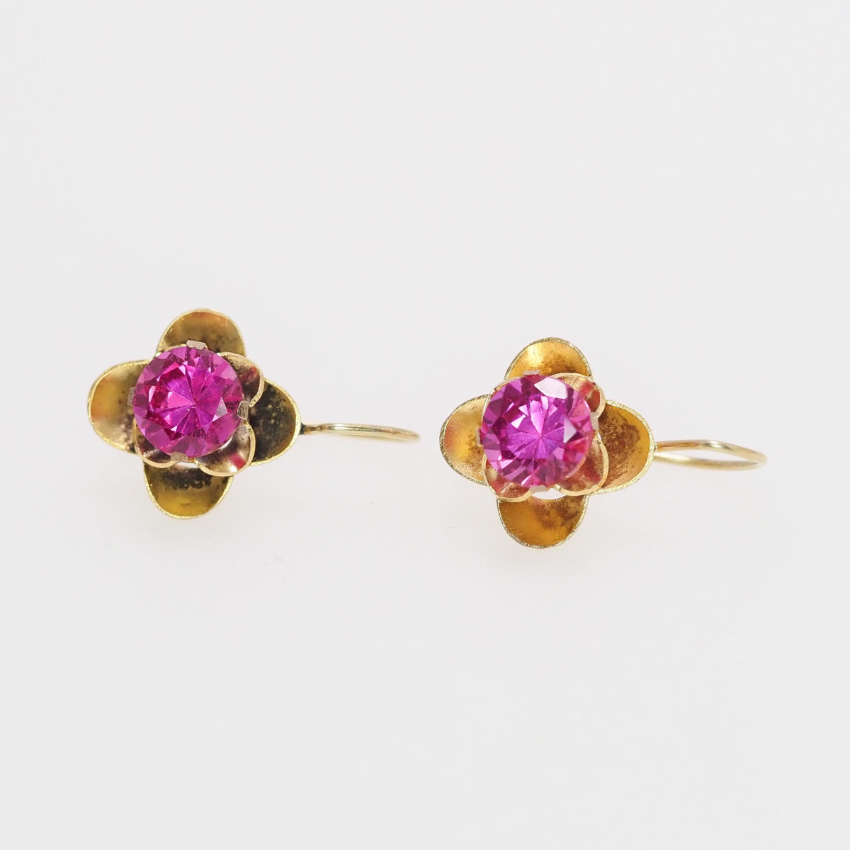 Antique 1910s Edwardian 1.92ct Lab Pink Sapphire and 10K Yellow Gold Kidney Wire Pierced Drop Earrings image 6