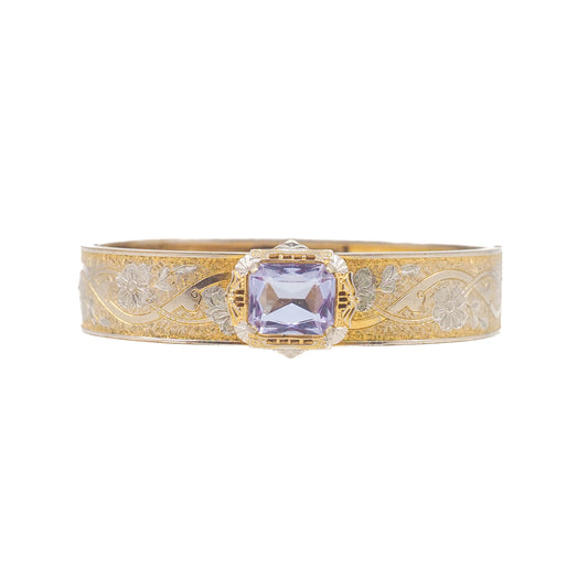 Vintage 1940s CHEEVER TWEEDY Art Deco Gold Fill Purple Glass Bangle 7" Bracelet