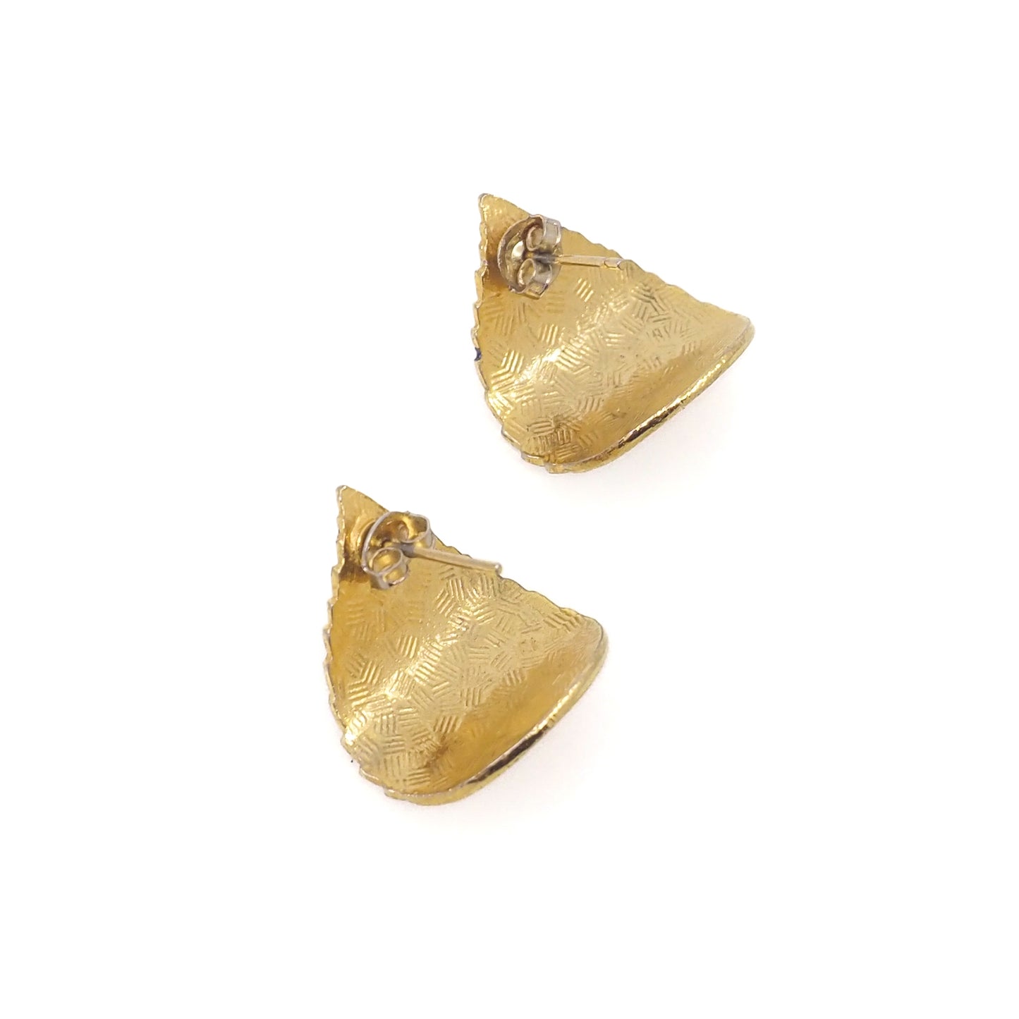 Vintage 1980s Blue Enamel and Gold Tone Metal Pierced Flower Butterfly Earrings