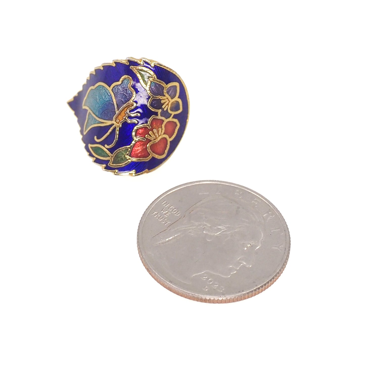 Vintage 1980s Blue Enamel and Gold Tone Metal Pierced Flower Butterfly Earrings