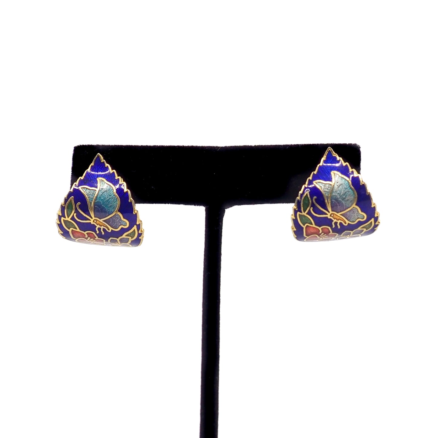 Vintage 1980s Blue Enamel and Gold Tone Metal Pierced Flower Butterfly Earrings