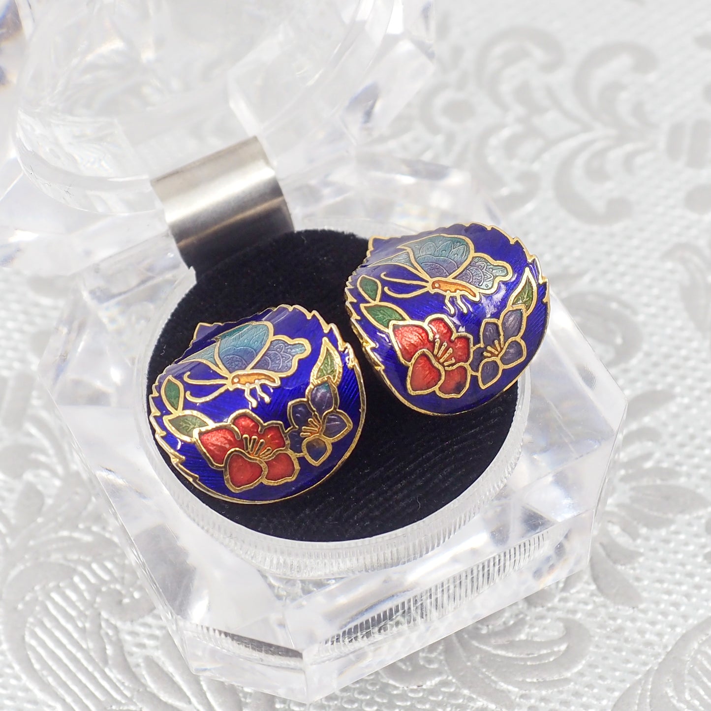 Vintage 1980s Blue Enamel and Gold Tone Metal Pierced Flower Butterfly Earrings