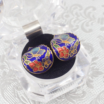 Vintage 1980s Blue Enamel and Gold Tone Metal Pierced Flower Butterfly Earrings