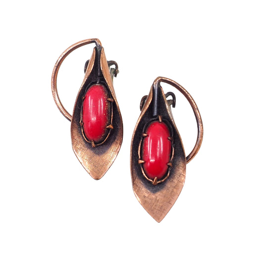 Vintage 1960s MATISSE Red Copper Leaf Mid-Century Modern Clip-On Earrings