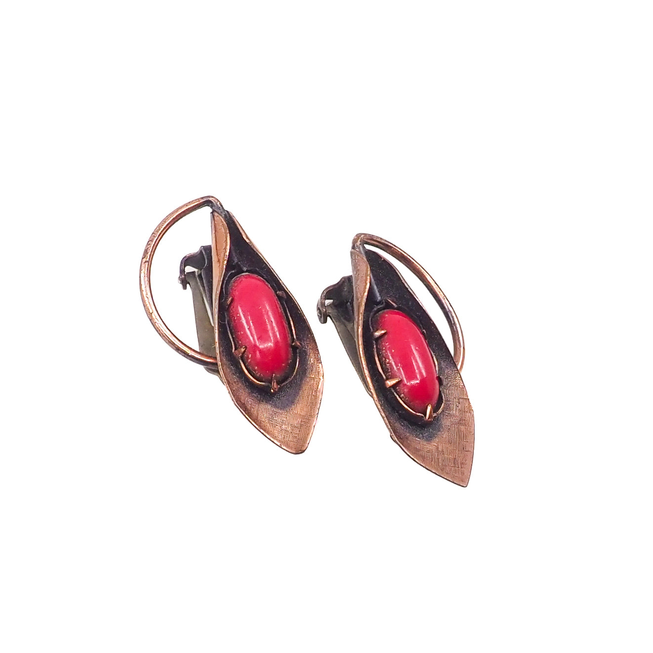 Vintage 1960s MATISSE Red Copper Leaf Mid-Century Modern Clip-On Earrings