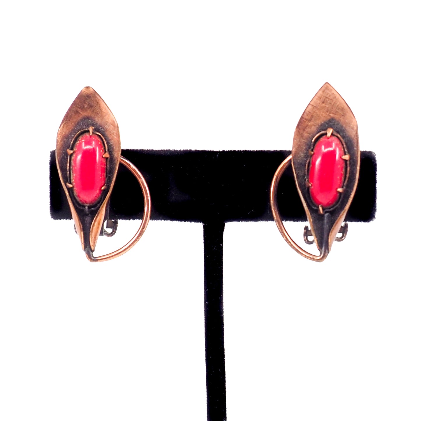 Vintage 1960s MATISSE Red Copper Leaf Mid-Century Modern Clip-On Earrings