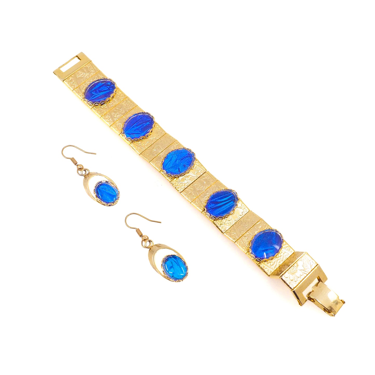Vintage 1960s Morpho Blue Butterfly Wing and Gold Tone Bracelet and Drop Earring Set