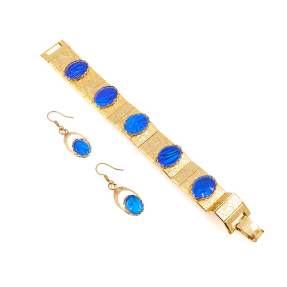 Vintage 1960s Morpho Blue Butterfly Wing and Gold Tone Bracelet and Drop Earring Set