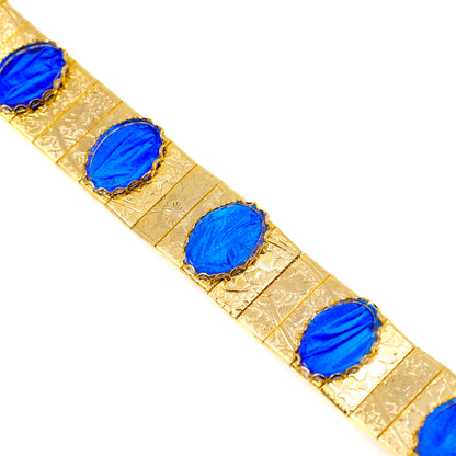 Vintage 1960s Morpho Blue Butterfly Wing and Gold Tone Bracelet and Drop Earring Set