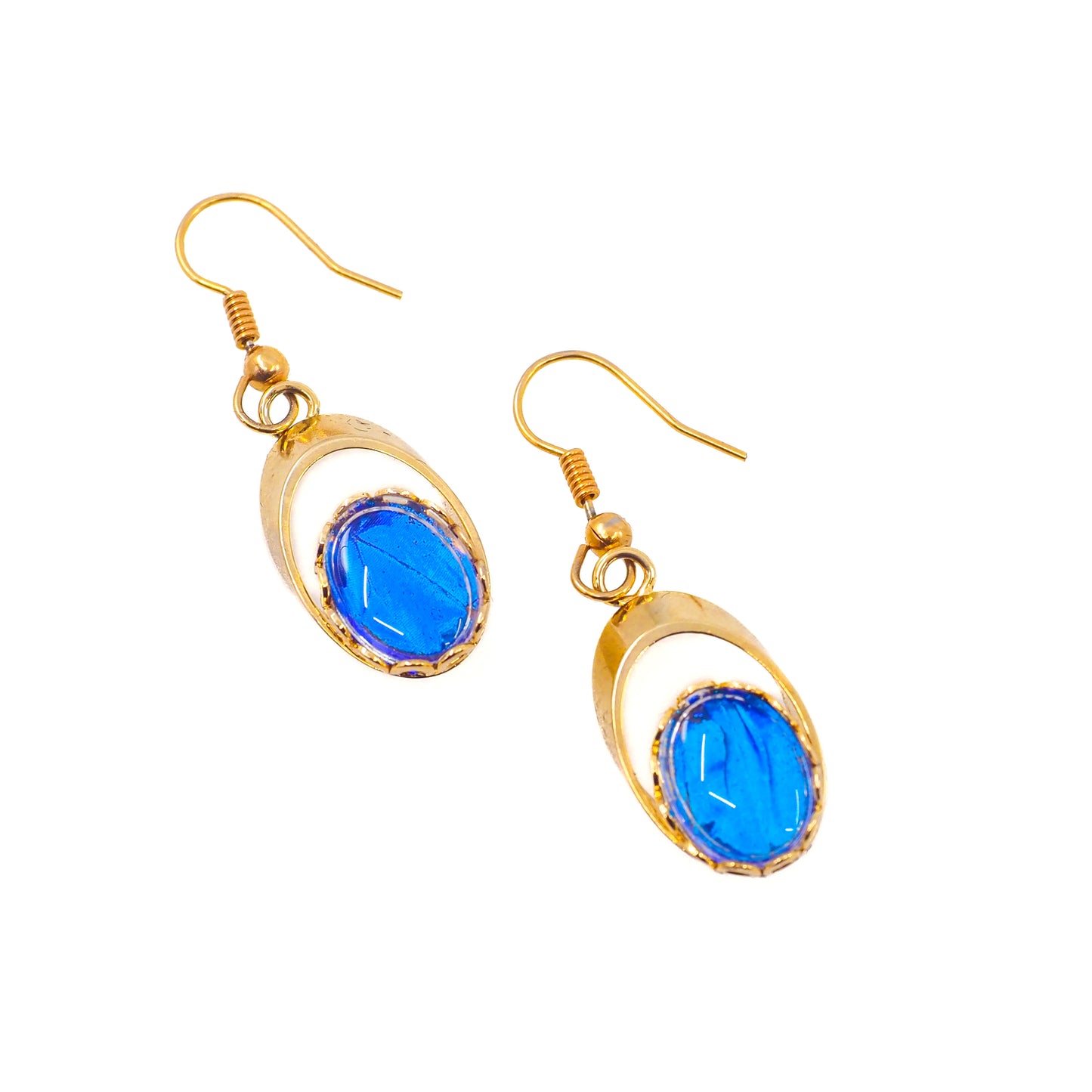 Vintage 1960s Morpho Blue Butterfly Wing and Gold Tone Bracelet and Drop Earring Set