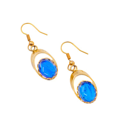 Vintage 1960s Morpho Blue Butterfly Wing and Gold Tone Bracelet and Drop Earring Set