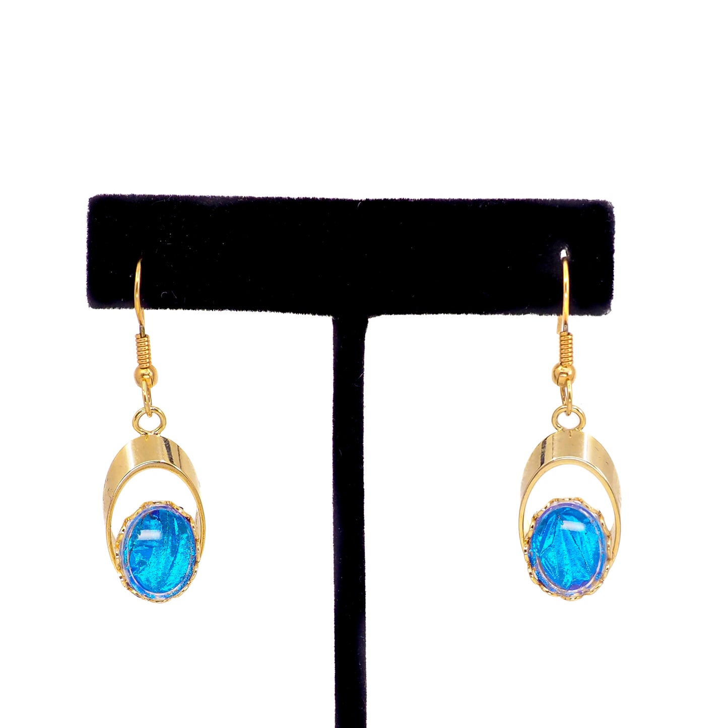 Vintage 1960s Morpho Blue Butterfly Wing and Gold Tone Bracelet and Drop Earring Set