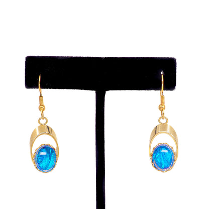 Vintage 1960s Morpho Blue Butterfly Wing and Gold Tone Bracelet and Drop Earring Set