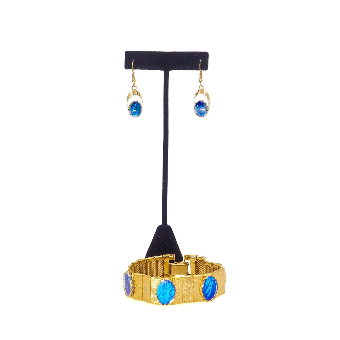 Vintage 1960s Morpho Blue Butterfly Wing and Gold Tone Bracelet and Drop Earring Set