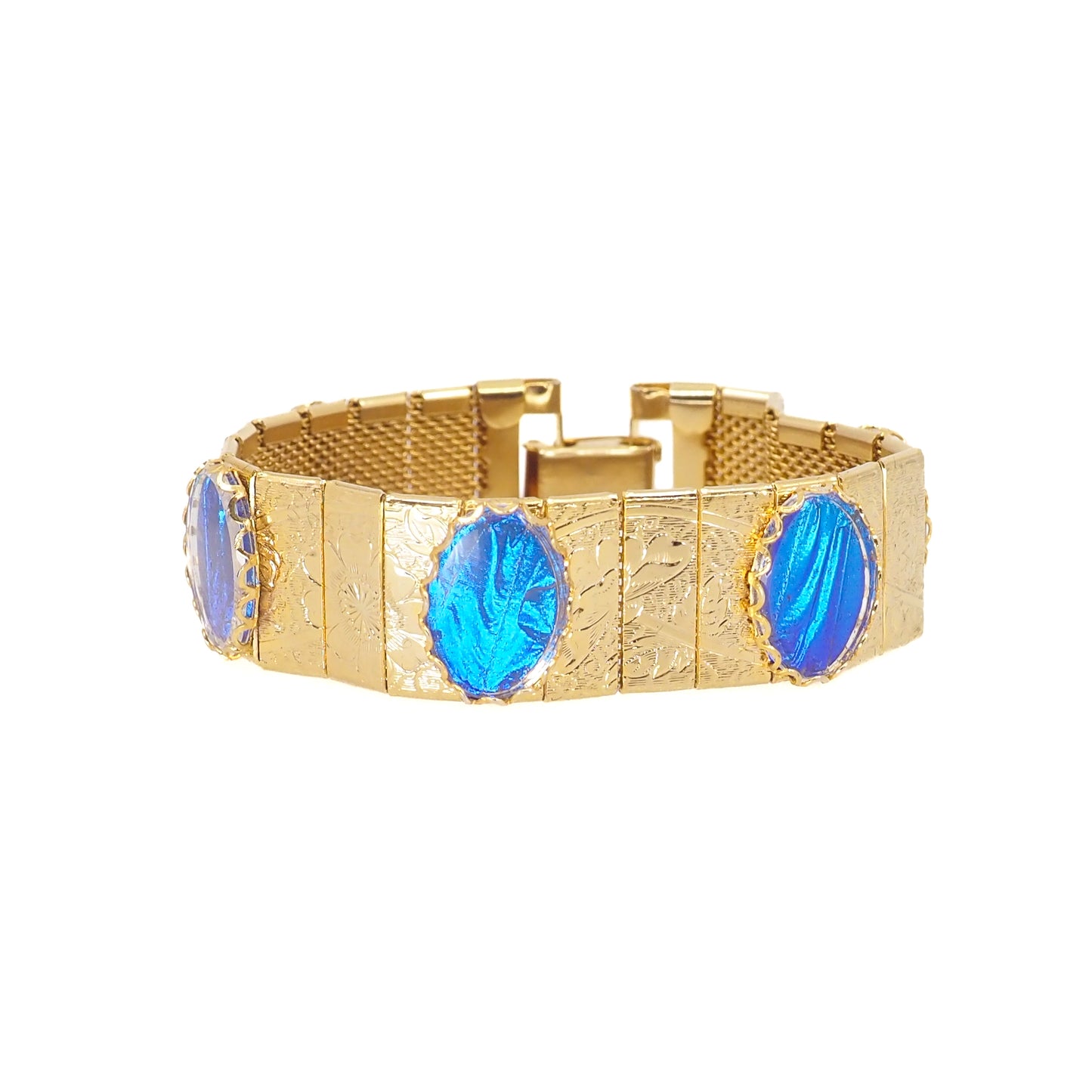 Vintage 1960s Morpho Blue Butterfly Wing and Gold Tone Bracelet and Drop Earring Set