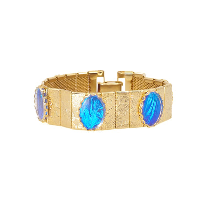 Vintage 1960s Morpho Blue Butterfly Wing and Gold Tone Bracelet and Drop Earring Set