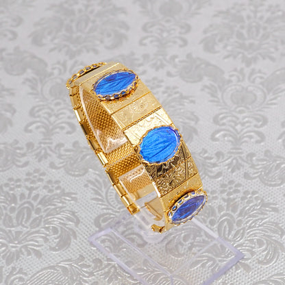 Vintage 1960s Morpho Blue Butterfly Wing and Gold Tone Bracelet and Drop Earring Set
