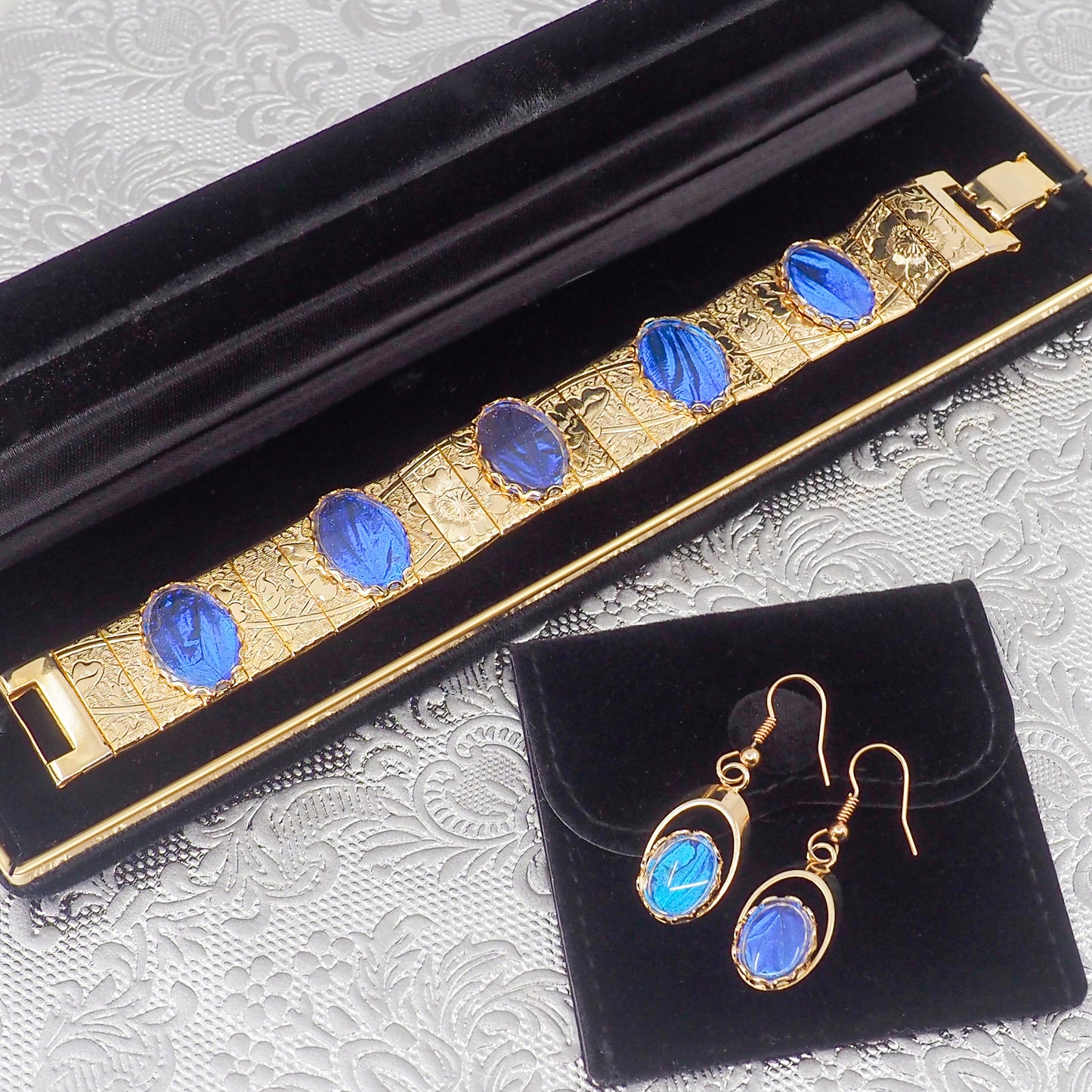 Vintage 1960s Morpho Blue Butterfly Wing and Gold Tone Bracelet and Drop Earring Set