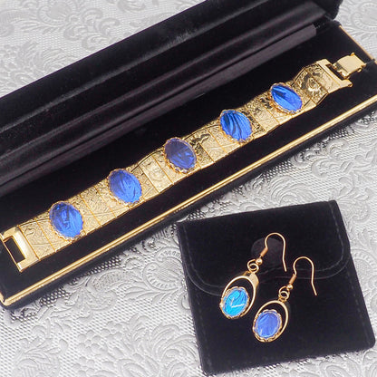 Vintage 1960s Morpho Blue Butterfly Wing and Gold Tone Bracelet and Drop Earring Set