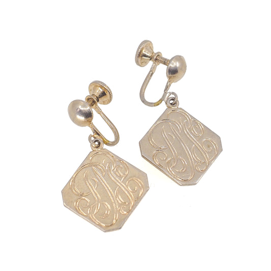 Vintage 1950s Yellow Gold Filled Engraved Screw Back Drop Earrings