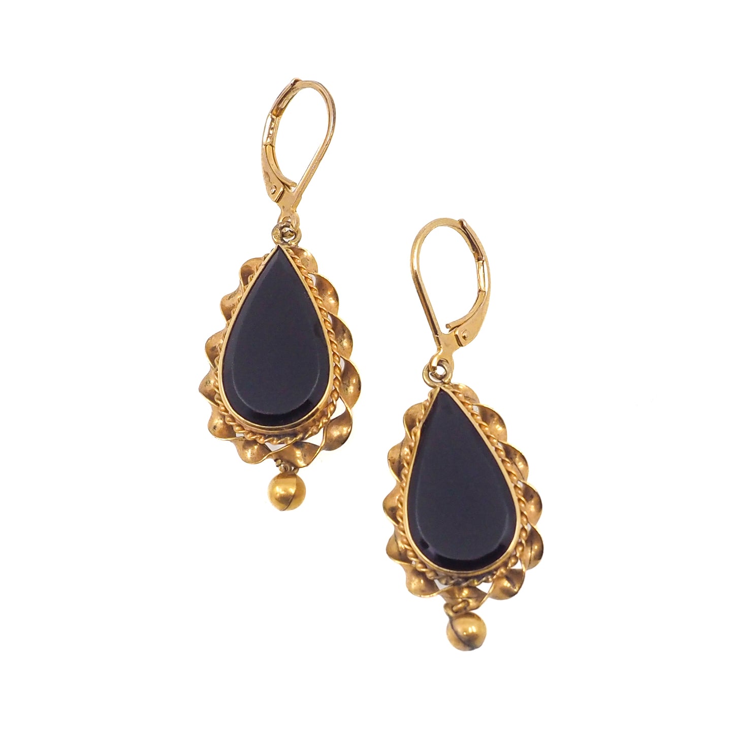 Antique 1880s Victorian Black Onyx Gold Filled Dangle Mourning Earrings
